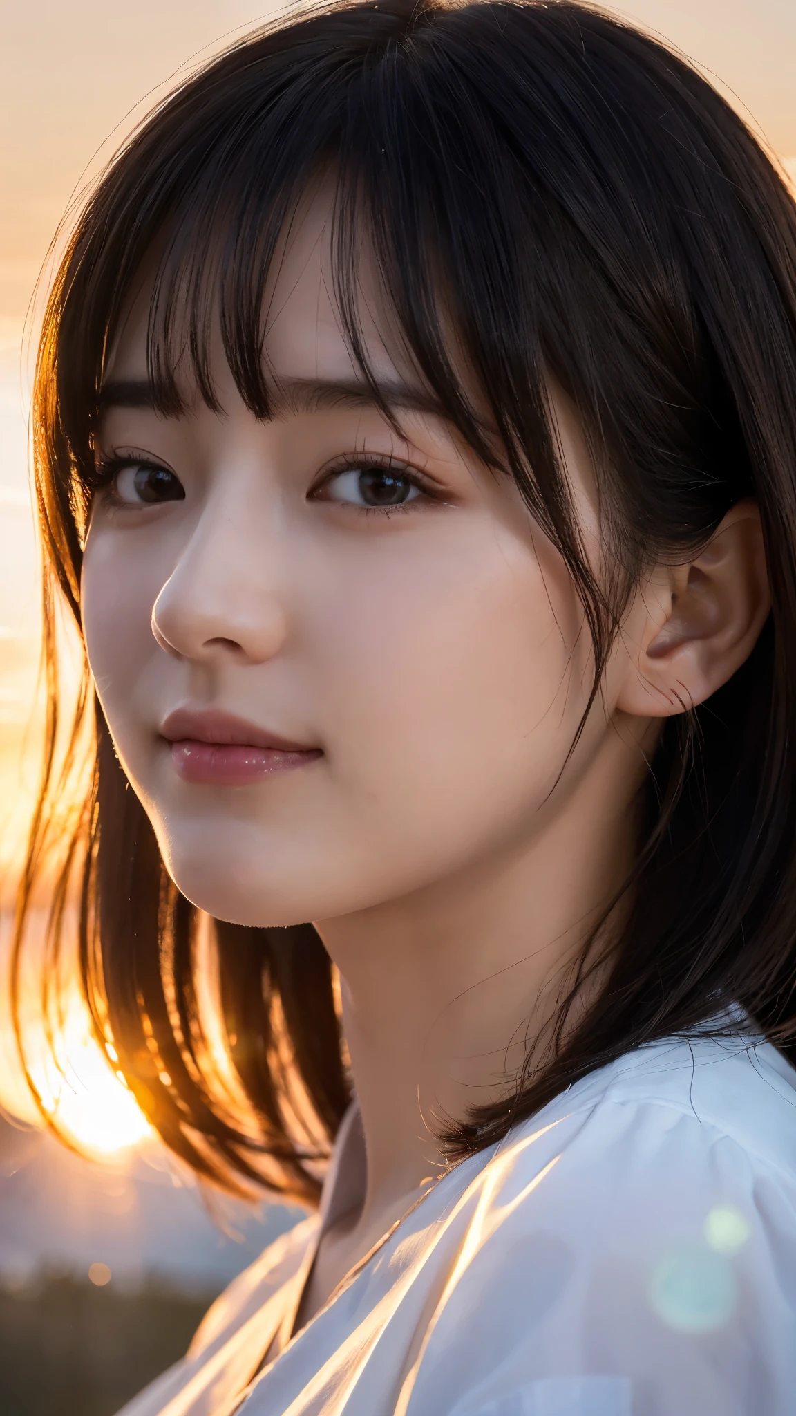 (highest quality,masterpiece:1.3,ultra high resolution),(Super detailed,caustics,8k),(photorealistic:1.4,RAW shooting),[lora:siitake-eye:0.5],(low position),(Low - Angle),(side shot:1.1),(Landscape),(profile),Japanese,28 years old,cute,smile,(Black hair fluttering in the wind:1.2),Middle hair,(big ),white blouse,(face focus),(Face close-up),(bust up shot),(sunset sky),soft light,Natural light,professional writing,Lens flare