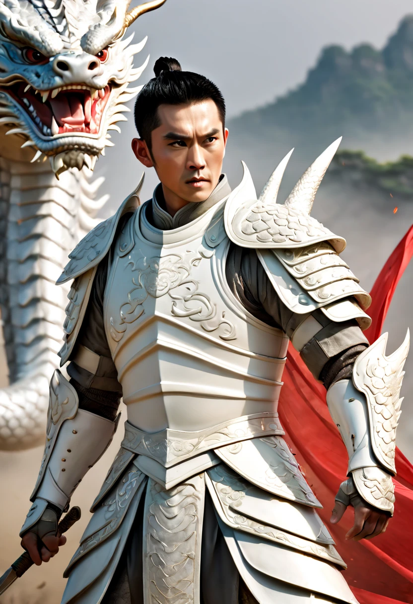 A Chinese general dressed in white armor stands on the battlefield,Looks like Eddie Peng Yuyan, handsome face，holding a white silver spear in his hand, fighting with action. The armor has a Chinese dragon pattern on it, and behind him there is also a Chinese white dragon flying. The background is an ancient Chinese battlefield, and the character faces the camera. The film light, panoramic shot, is very handsome. The composition is solemn and solemn, very realistic.