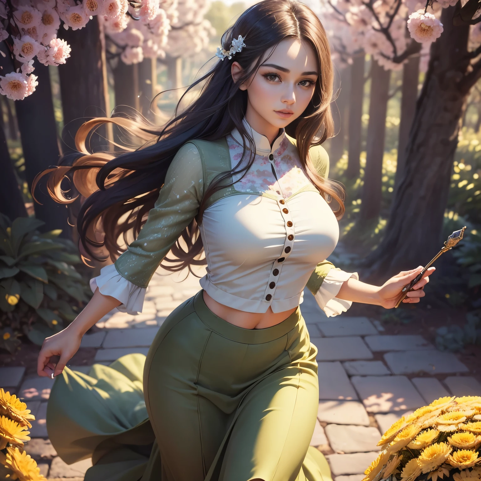 best quality,4k,highres,masterpiece:1.5),ultra-detailed,(realistic,photorealistic,photo-realistic:1.37), beautiful girl 24 years old, beautiful detailed eyes,beautiful detailed lips,extremely detailed eyes and face,longeyelashes,1girl,illustration,soft lighting,vibrant colors,bokeh,romantic,dreamlike,ethereal vibe,Full Body Professional Photo, (Photo 4K:1.1) (Sharp Focus:1.1), High Detail, Woman in(beautiful chrysanthemum garden:1.2), Pretty Buttocks, long Hair, Instagram Pattern Pose, confident, slim girl, big tits:1.2, perfect anatomy, perfect symmetry:1.2, Realistic, realistic face:1.3, perfect face, content, confident, very detailed, and dramatic, cinematic lighting, Lighting scene, soft lights graceful movement, full body photography, (((masterpiece :1.5))), photoreal acmm ss outfit, wearing acmm top, light purple acmm top, short sleeves, buttons, wearing acmm long skirt, white and pink with printed acmm long skirt, acmm ls outfit, wearing acmm top, olive green acmm top, long sleeves, wearing acmm long skirt, olive green acmm long skirt, printed skir