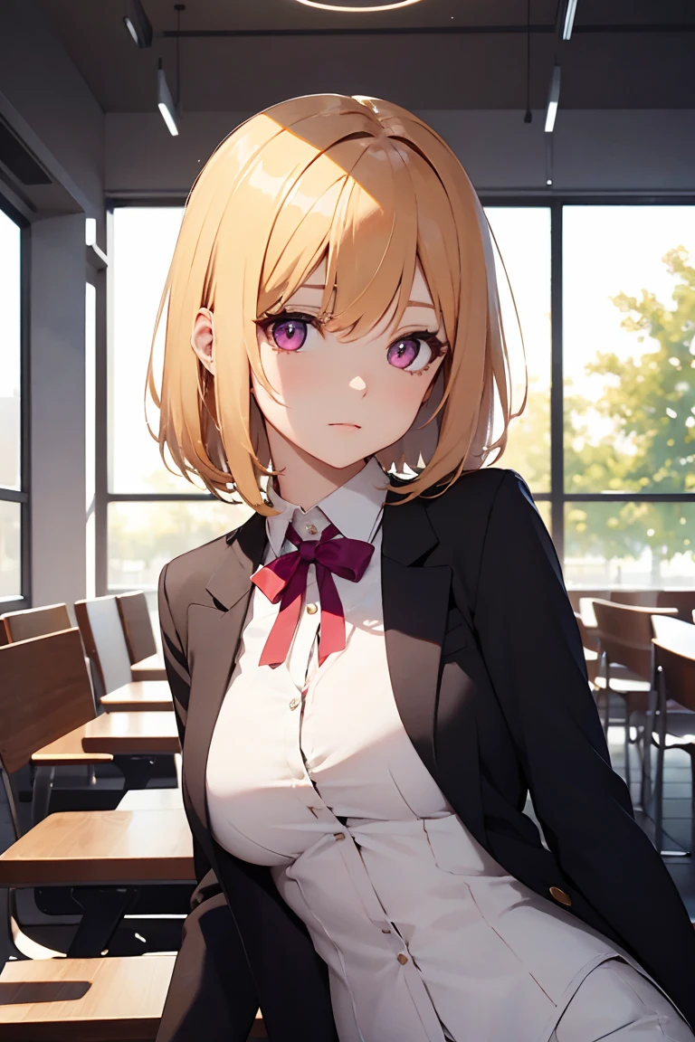 masterpiece, absurdres, best quality, ultra detailed, high Resolution, detailed illustration, extremely beautiful detailed face and eyes, Delicate beautiful face, bright colour, 1girl, cute face, magenta eyes, sparkling eyes, medium breasts, (perky breasts:1.1), (pointy breasts:1.1), medium hips, glamorous body, white skin, confused, BREAK, long bob cut, (blonde hair:0.8), messy hair, detailed hair, shiny hair, BREAK business suit, tiny ribbon, meeting room, sitting, chair, real world, natural lights, perfect lighting,