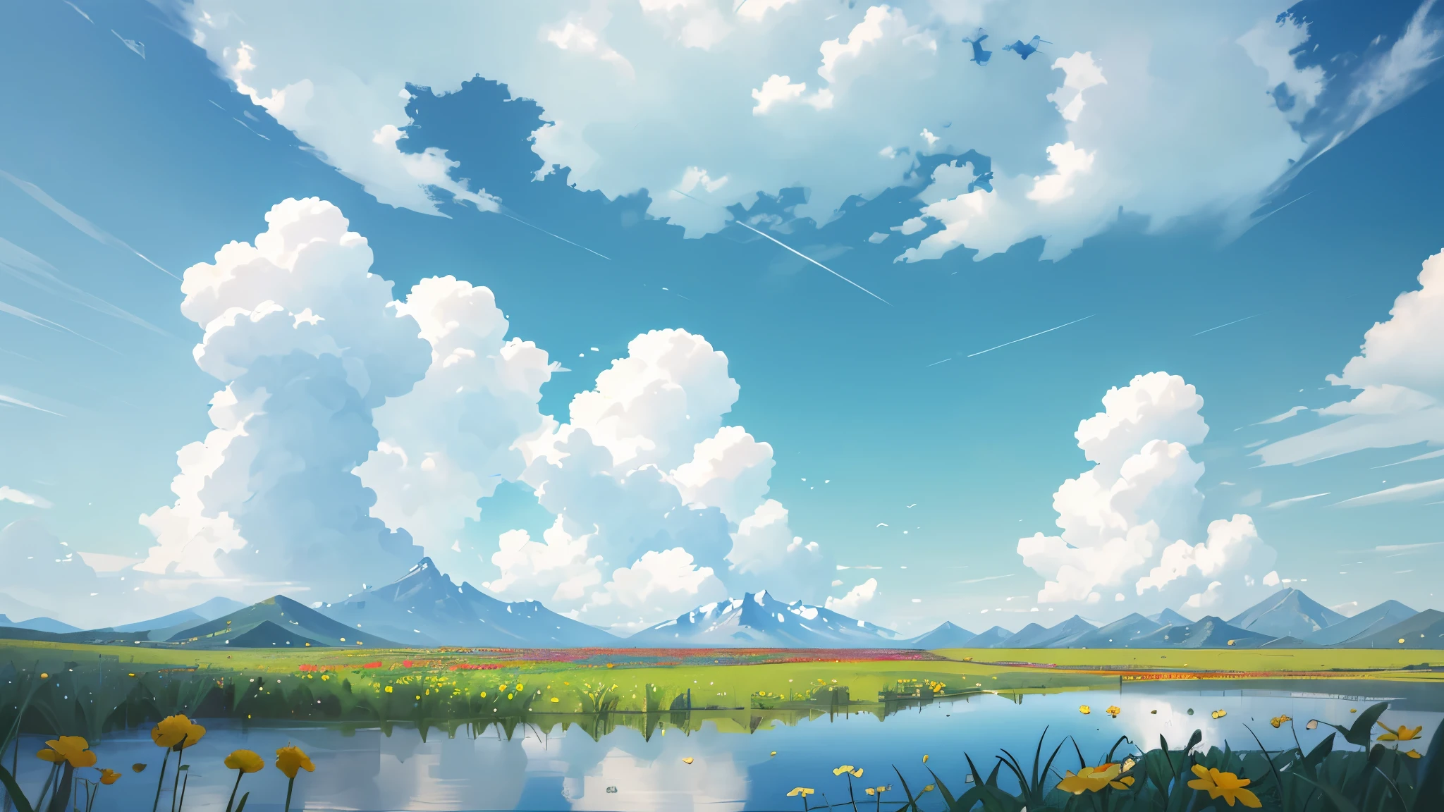 Summer, meadows, a few small flowers, clear lakes, heaven, large clouds, blue sky, hot weather, HD detail, hyper-detail, cinematic, surrealism, soft light, deep field focus bokeh, distant vistas are snowy mountains, ray tracing, and surrealism. --v6