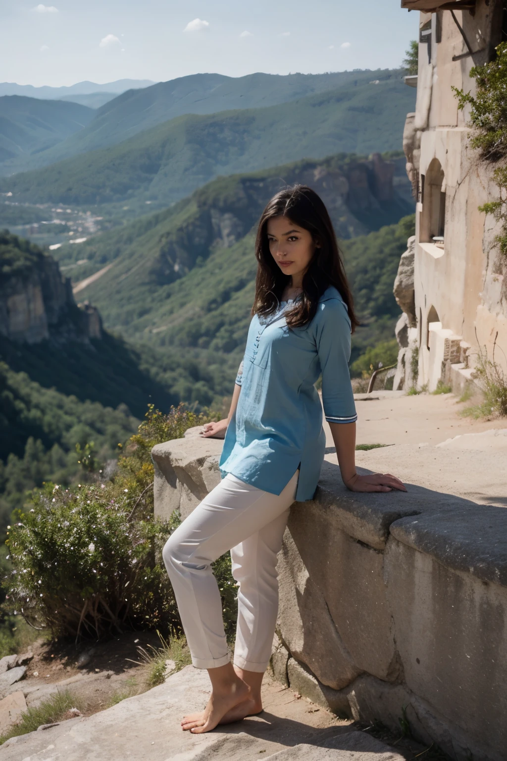 Cute girl with fit body looking hot wearing blue coloured kurta over her body and a pajama pant of white color on her legs and standing on mountains enjoying the view of high cliffs and sunshine