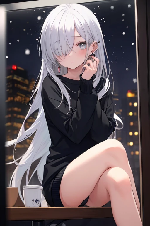 ((masterpiece:1.4, best quality:1.2)), 1girl, solo focus, beautiful skin, blush, black sweatshirt, long white hair, grey eyes, sitting, earrings, Hands on face, piercing, coffee shop window, night, snowing, cityscape, tall female, beautiful and delicate female, comfy ambience, {detailed background}, I'm not wearing panties, hair over one eye, shy, Not wearing underwear, sexy, naked, spread your leg