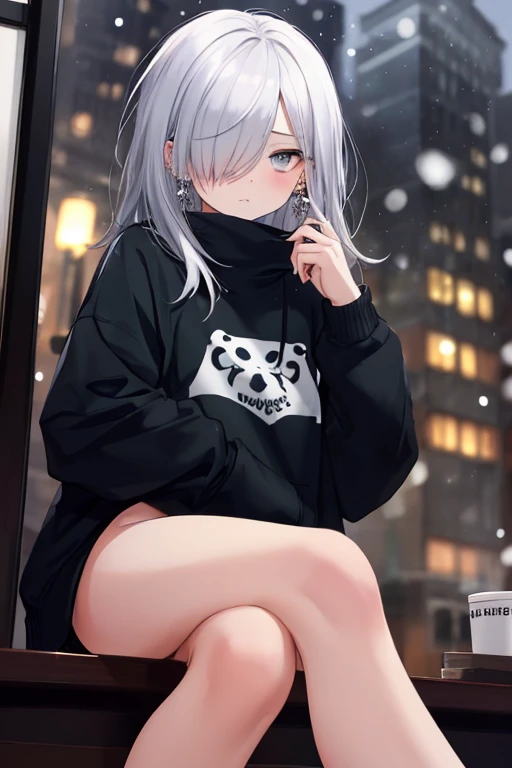 ((masterpiece:1.4, best quality:1.2)), 1girl, solo focus, beautiful skin, blush, black sweatshirt, long white hair, grey eyes, sitting, earrings, Hands piercing, coffee shop window, night, snowing, cityscape, tall female, beautiful and delicate female, comfy ambience, {detailed background}, I'm not wearing panties, hair over one eye, shy, Not wearing underwear, sexy, naked, spread your leg