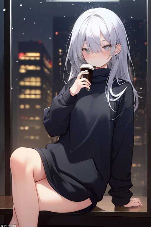 ((masterpiece:1.4, best quality:1.2)), 1girl, solo focus, beautiful skin, blush, black sweatshirt, long white hair, grey eyes, sitting, earrings, Hands piercing, coffee shop window, night, snowing, cityscape, tall female, beautiful and delicate female, comfy ambience, {detailed background}, I'm not wearing panties, hair over one eye, shy, Not wearing underwear, sexy, naked, spread your leg