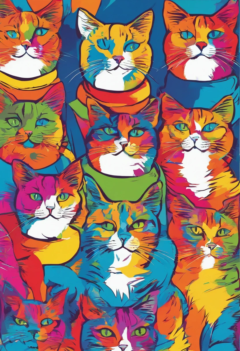 3 cats wearing clothes,colorful