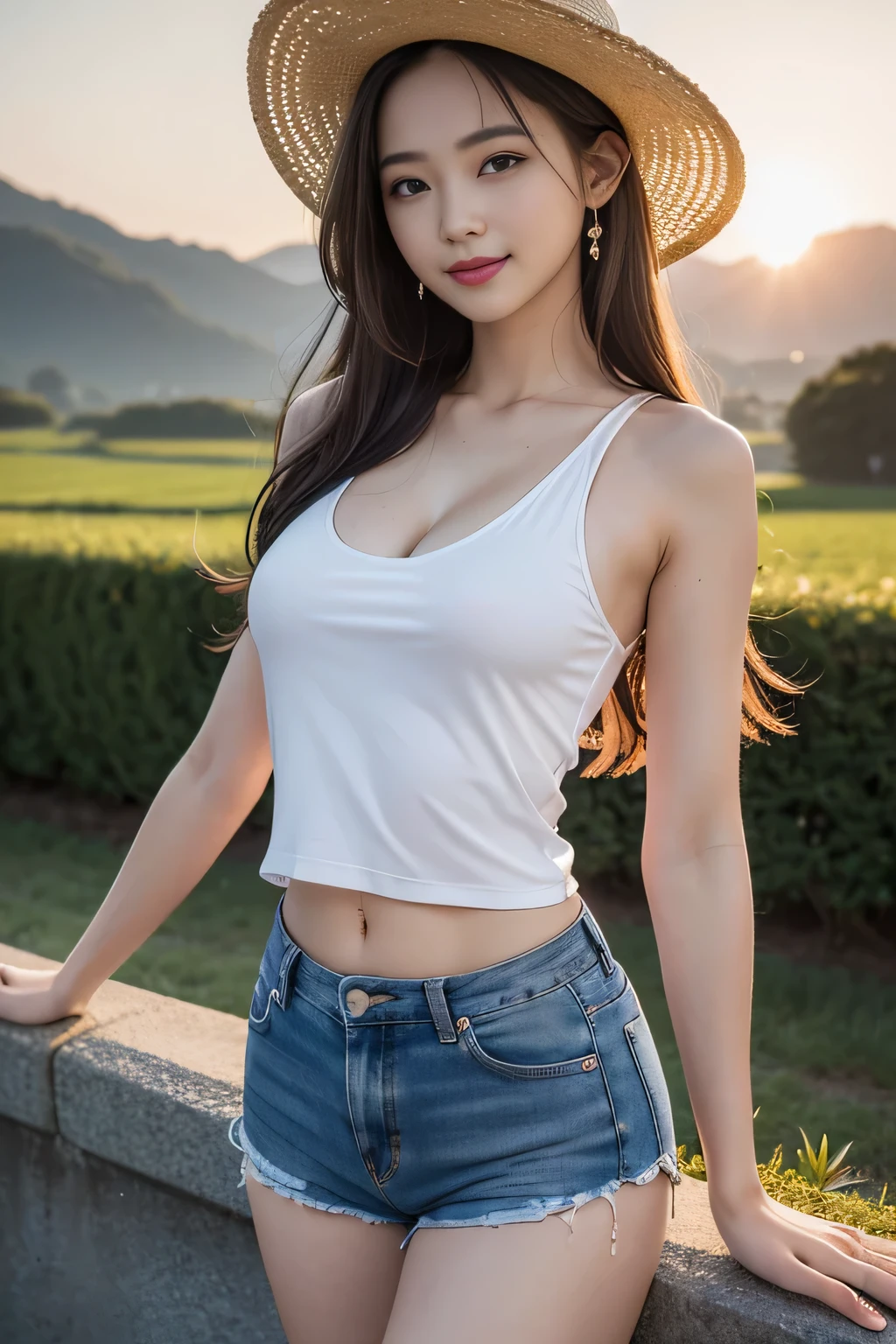 (((best super touching、super highest quality、32K、非常に詳細な CG Unity 32K wall紙、ticker、Raw photo 1.3、Very noisy々new image、Very noisy々new imageの品質、Photoreal 1.4、Highest quality 1.3、Super detailed 1.2, small details, High resolution, wall , perfect dynamic composition, masterpiece, surreal, 32K, real human being、)))、sexy farm girl with straw cowboy hat standing in a mountain valley, sunburned skin, long blonde hair, Cut-off jeans shorts, Athletic and healthy body, thin, frivolous, sexy, big , cleavage, Wet white tank top, sunset, dynamic、low angle 1.4、Smile 1.2