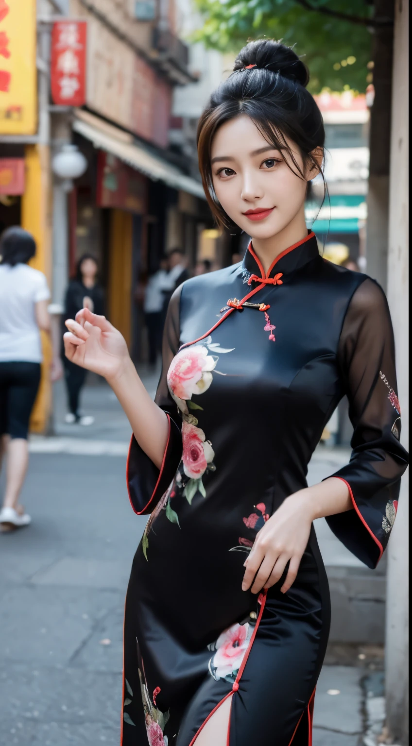 Foto hiperrealista en primer plano de Kim Ji-soo from Korea, masterpiece, best quality, (photorealistic:1.4), full body, Luxurious Black Satin Dragon Phoenix Chinese Dress Cheongsam Qipao dress with t-sleeves, China Town, sunny day, cinematic light, beautiful woman, skinny, large big breasts, black long hair, hair cut into a bun, detailed face, smile, facing the camera, photo taken from a distance, age of 25 years old