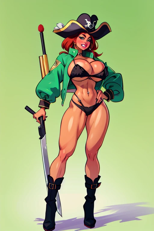 Masterpiece, best quality, in PIT-Erotic-style style,1girl, solo, long hair, breasts, hat, navel, holding, cleavage, jewelry, underwear, panties, full body, weapon, red hair, boots, midriff, sword, nail polish, huge breasts, bracelet, covered nipples, lips, gun, makeup, piercing, eyepatch, lipstick, handgun, dual wielding, navel piercing, pirate hat, pirate fit body,muscular,bimbo, thick lips, small waist, large breast, large butt perfect hands, comic panel,