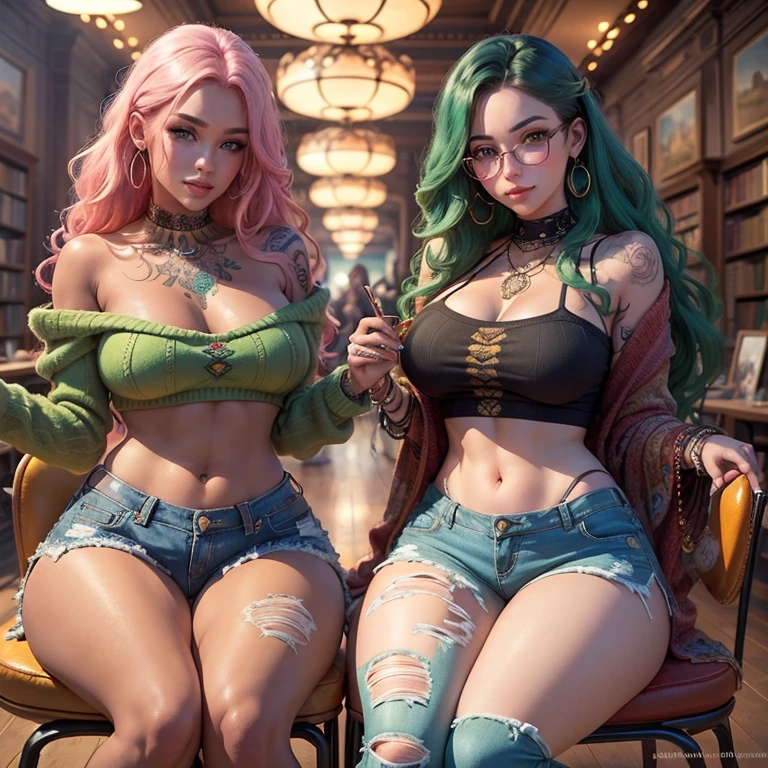 Two Gorgeous artsy women, long flowing thick natural hair, dressed in  knit sweaters and ripped jeans pants, jewelry, tattoos, indie punk aesthetic, beautiful athletic body, lovely lively expressive eyes, painting in a library in autumn, lovely colorful lighting, Cheery atmosphere, flirty, freckles, gorgeous face, very tan skin, incredible detail to texture, in love, green eyes, lots of color, photorealistic, masterpiece, absolute babe, 
Colorful outfit, patterns, glasses, sitting down in chairs behind a table reading