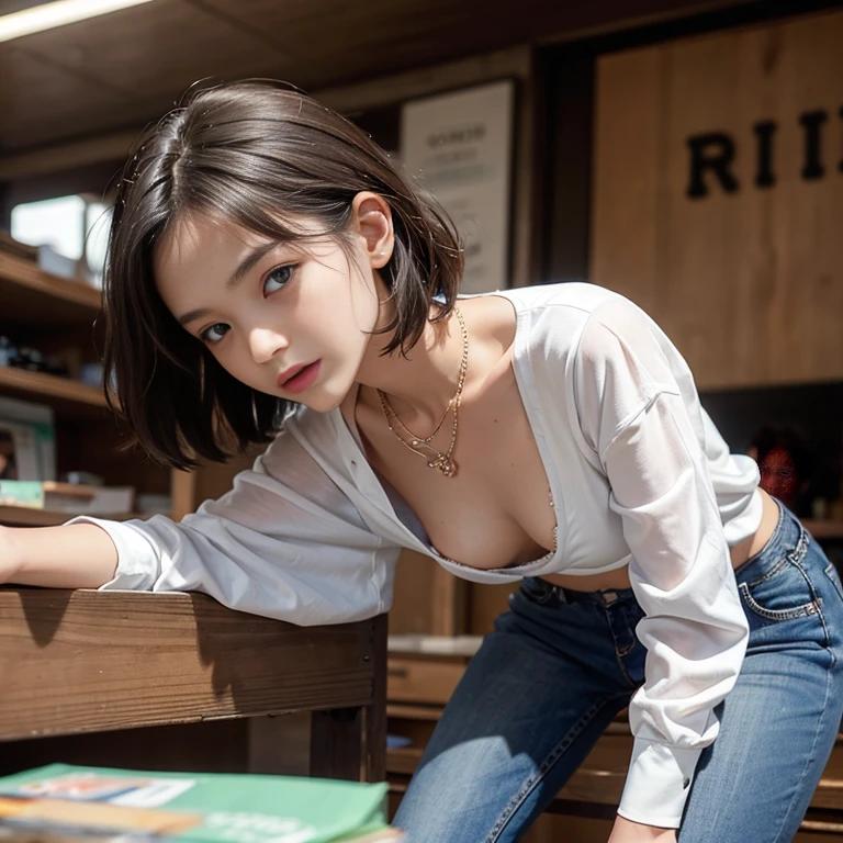 1 girl, downblouse, , munechira,(((small breasts))),slender, looking down,leaning forward,bending over,shopping, from side,necklace ,in at market,long sleeved shirt,besides decolated detailed bra,bra visible, jeans, short hair ,8K, Best Quality, Masterpiece, Ultra High Resolution, (Realism: 1.4), Original Photo, (True Skin Texture: 1.3),extremely close up 