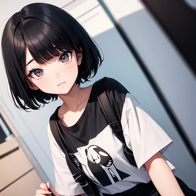 black short hair、Hand-drawn illustration、Deformed、girl、cool、student、