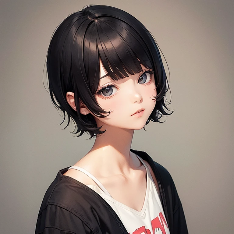 black short hair、Hand-drawn illustration、Deformed、girl、cool、student、