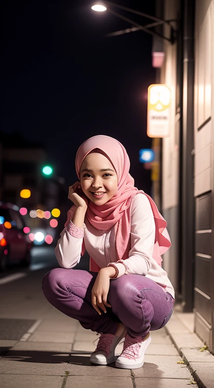mira filzah squat and laughing, squatting, open both leg, wearing pastel pink jeans and blouse in nighttime city, (mira filzah:1.3), wearing hijab, pastel color hijab, pink , , small breast, flat chest, bright lighting,