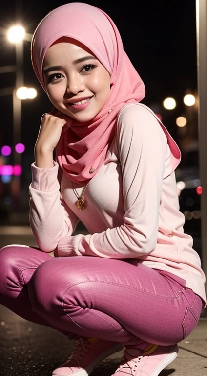 mira filzah squat and laughing, squatting, open both leg, wearing pastel pink jeans and blouse in nighttime city, (mira filzah:1.3), wearing hijab, pastel color hijab, pink , , small breast, flat chest, bright lighting,