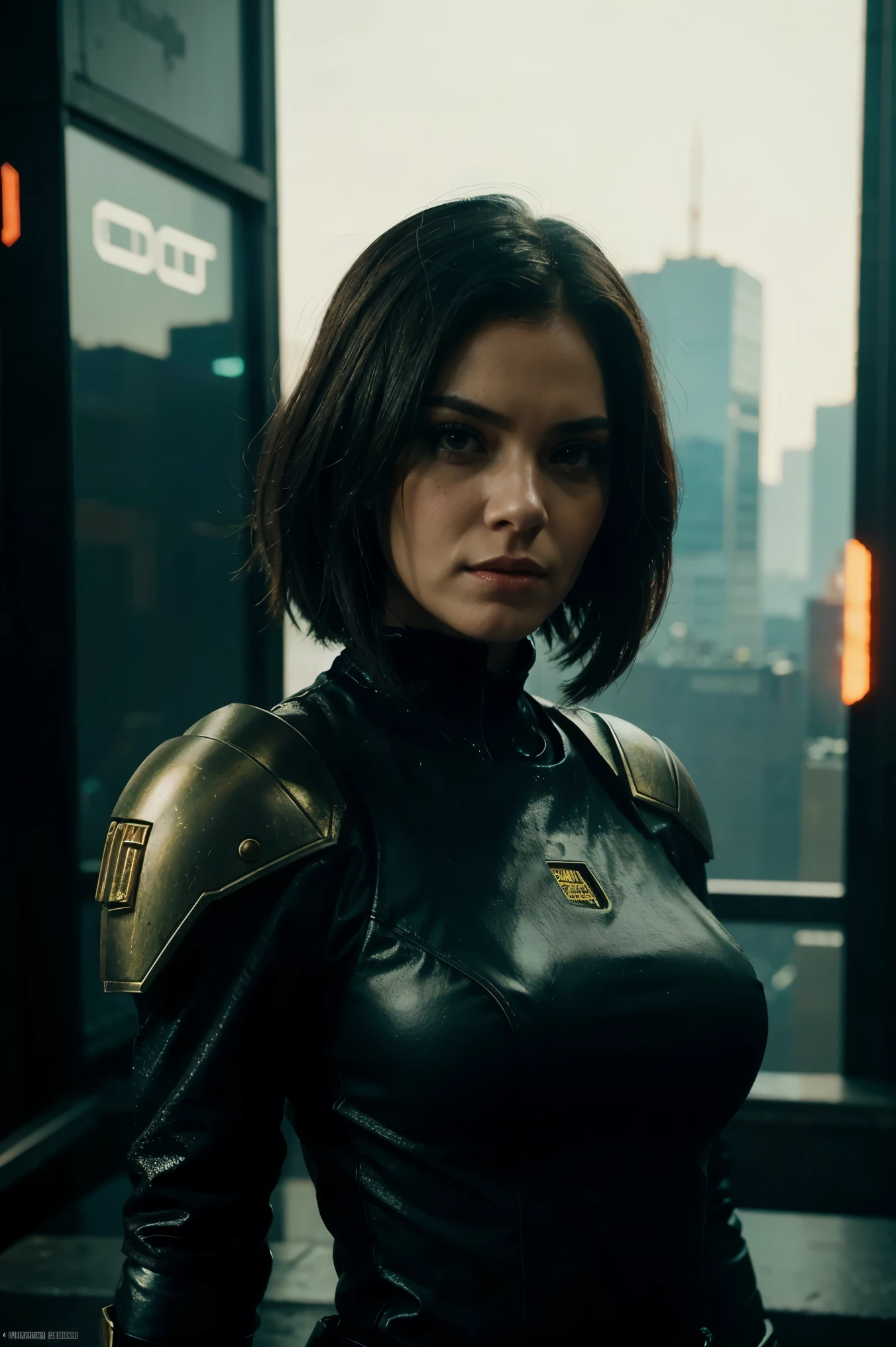 Judge Dredd woman , against the backdrop of cyberpunk buildings
