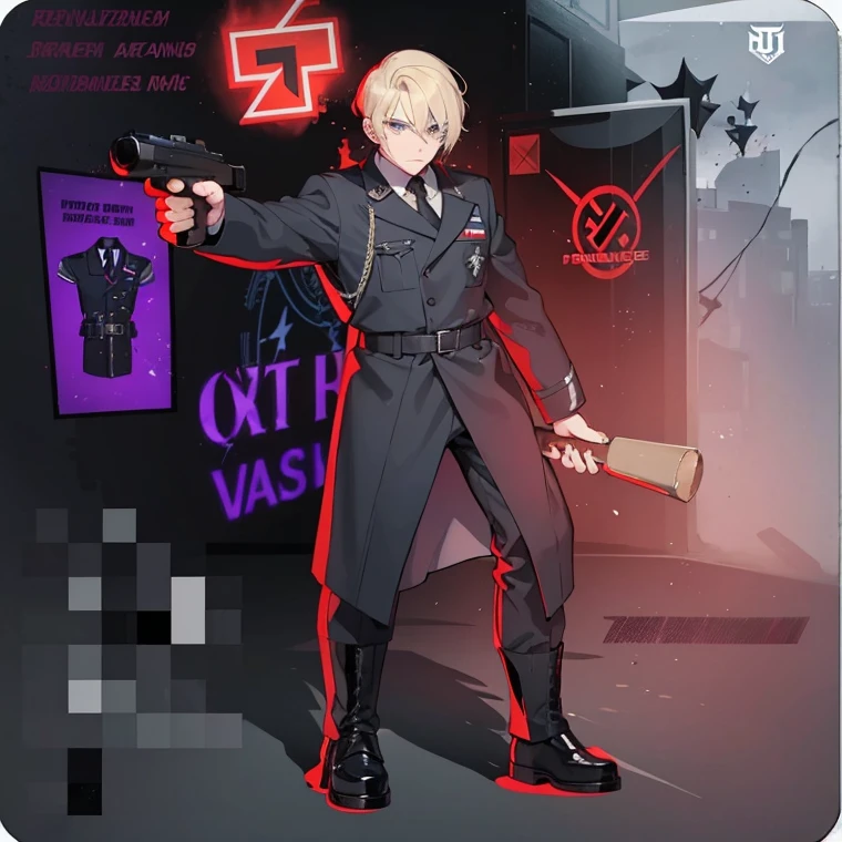 A man wearing formal suit uniform with nazi logo and with redish border on suit standing straight and stoic expression have a blonde hair Grays eyes restyle the art work staring on left side