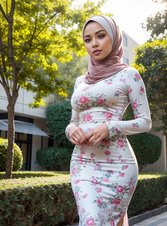 RAW, Best quality, high resolution, masterpiece: 1.3), beautiful Malay woman in hijab,wearing pencil dress, perfect slim fit body, (big breasts), big gorgeous eyes, Soft smile, Delicate turtleneck print sun dress, necklace, shairband, afternoon walk, City garden, Excellent lighting, Bright colors, Clean lines