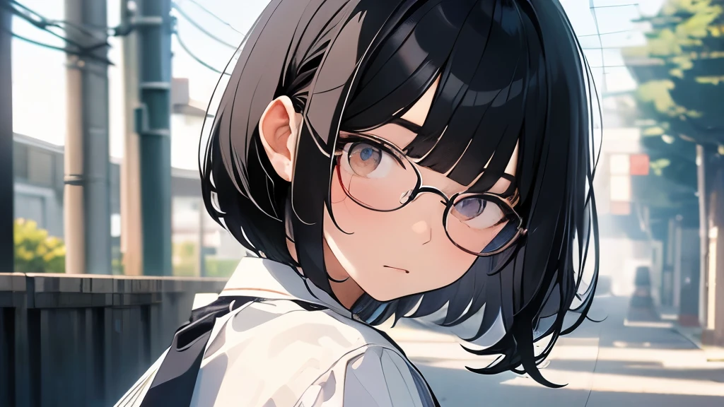 male、Hair is black、high school student、１6歳のmaleの子、Hair is bobbed、gloomy image、white cutter shirt、Summer School Uniform、eyes are black、looking down、bob cut、male,Wearing glasses