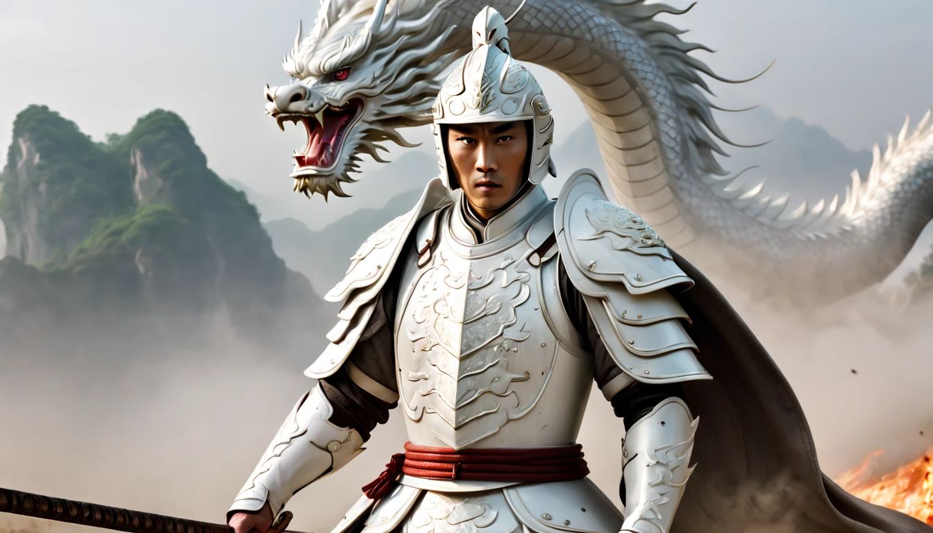 A Chinese general dressed in white armor stands on the battlefield,Looks like Eddie Peng Yuyan, handsome face，holding a white silver spear in his hand, fighting with action. The armor has a Chinese dragon pattern on it, and behind him there is also a Chinese white dragon flying. The background is an ancient Chinese battlefield, and the character faces the camera. The film light, panoramic shot, is very handsome. The composition is solemn and solemn, very realistic.