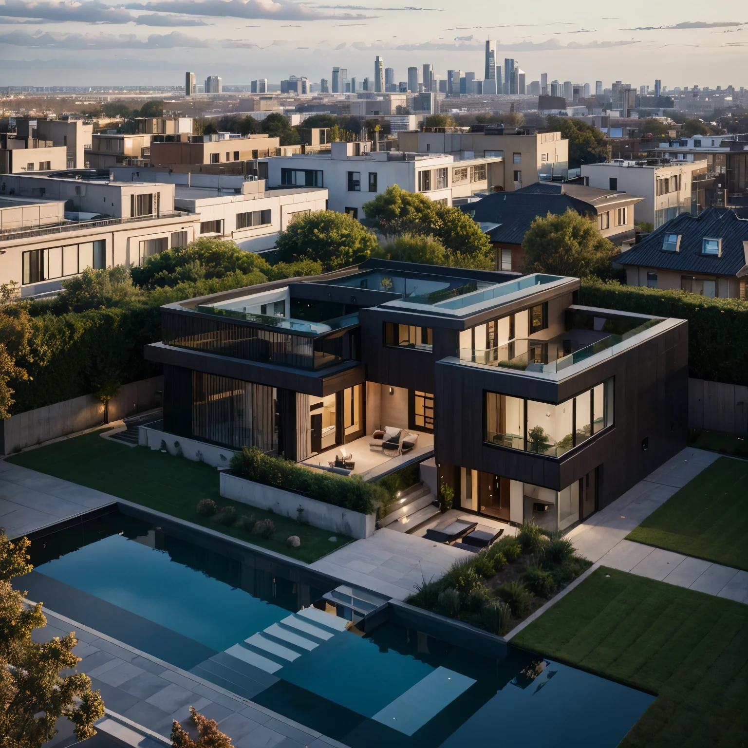 Modern house, large house, glass house, modern style, city background, modern city, high view, detailed background, high resolution, high details, 8k, masterpiece