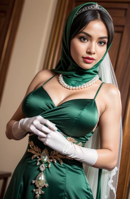 RAW, Best quality, high resolution, masterpiece: 1.3), Beautiful Malay woman in hijab, Masterpiece, perfect slim body, (Big breasts), Green Dress Flower Cleanser,Sense of atmosphere, best qualtiy,tmasterpiece,30-years old,Green dress,Daytime Church,full body Esbian, Green gloves,With short black hair,big breasts beautiful,looking at viewert,ssmile,Green Bridal Veil,Green Long Grove,Satin green long gloves, lipsticks, Green Pearl Necklace、Green gloves