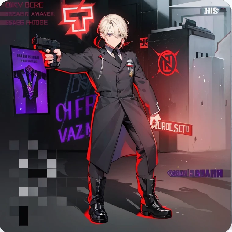 A man wearing formal suit uniform with nazi logo and with redish border on suit standing straight and stoic expression have a blonde hair Grays eyes restyle the art work staring on left side  