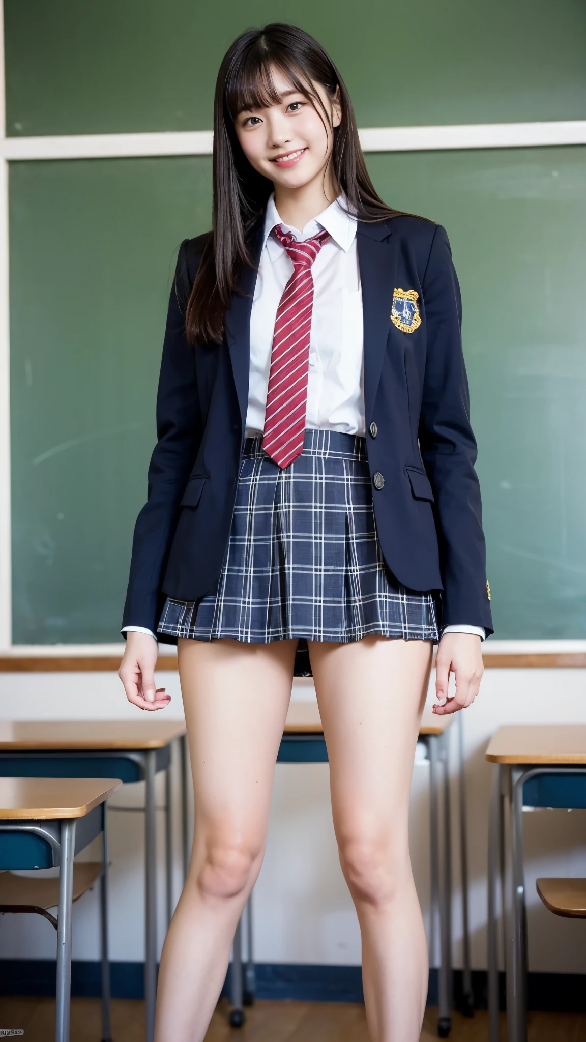 Girl Standing In School Classroom,Red Tie Uniform,Dark Blue Closed Blazer,Blue plaid skirt,18-year-old,bangs,a little smile,thighs,knees,from below