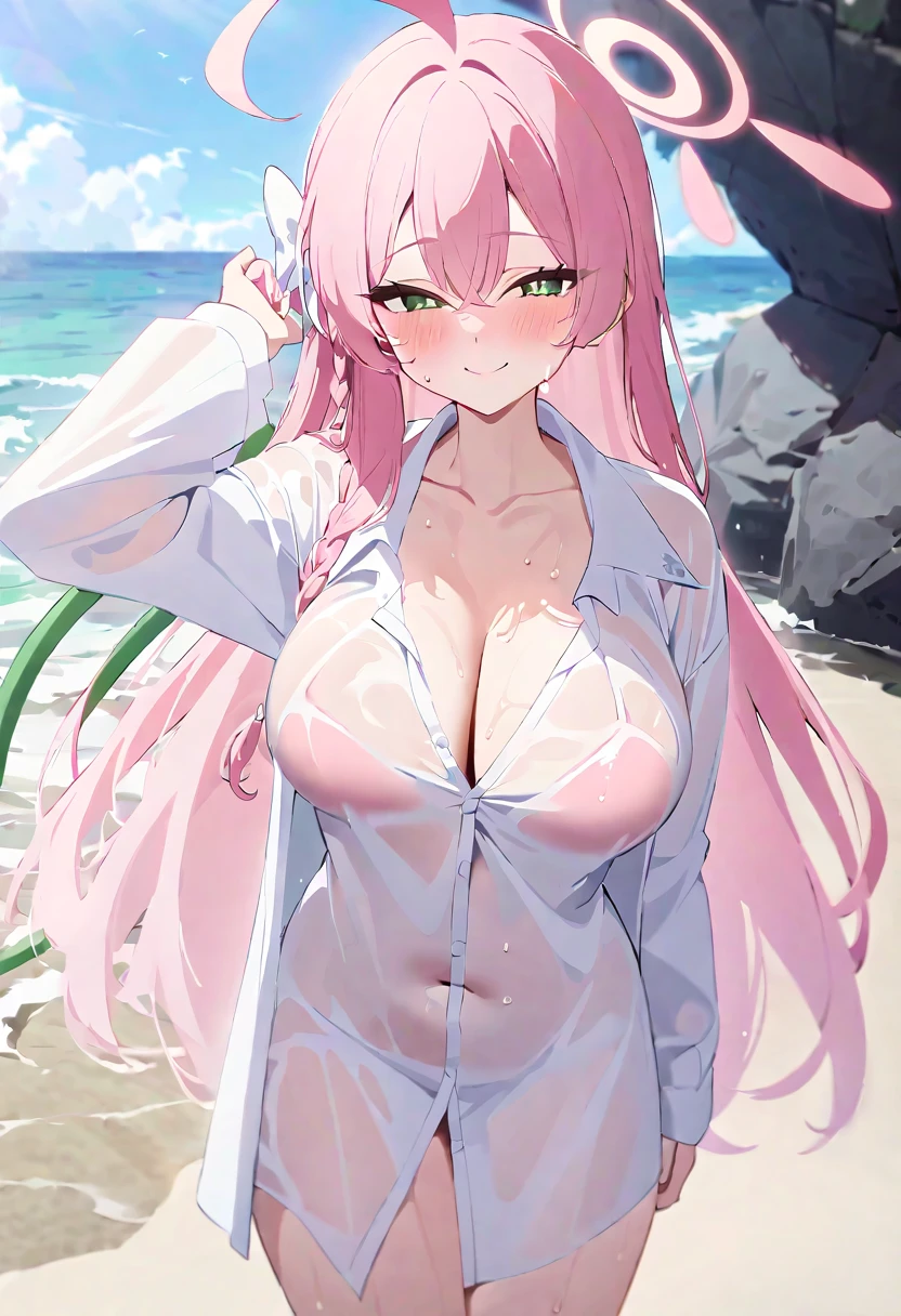 hanako_\(swimsuit\)_\(blue_archive\) best_quality newest masterpiece anime_girl_with_pink_hair_and_green_eyes_standing_in_front_of_a_rock wet_shirt open_v_chest_clothes hot_with_shining_sun wet_dripping_long_hair quetzal sweat_drops 1girl breasts solo green_eyes shirt halo wet pink_hair blush cleavage wet_clothes long_hair braid looking_at_viewer smile ahoge large_breasts white_shirt outdoors heart navel bangs hose long_sleeves water wet_shirt collared_shirt closed_mouth collarbone day beach ocean holding see-through sky naked_shirt dress_shirt hair_between_eyes sunlight side_braid bow