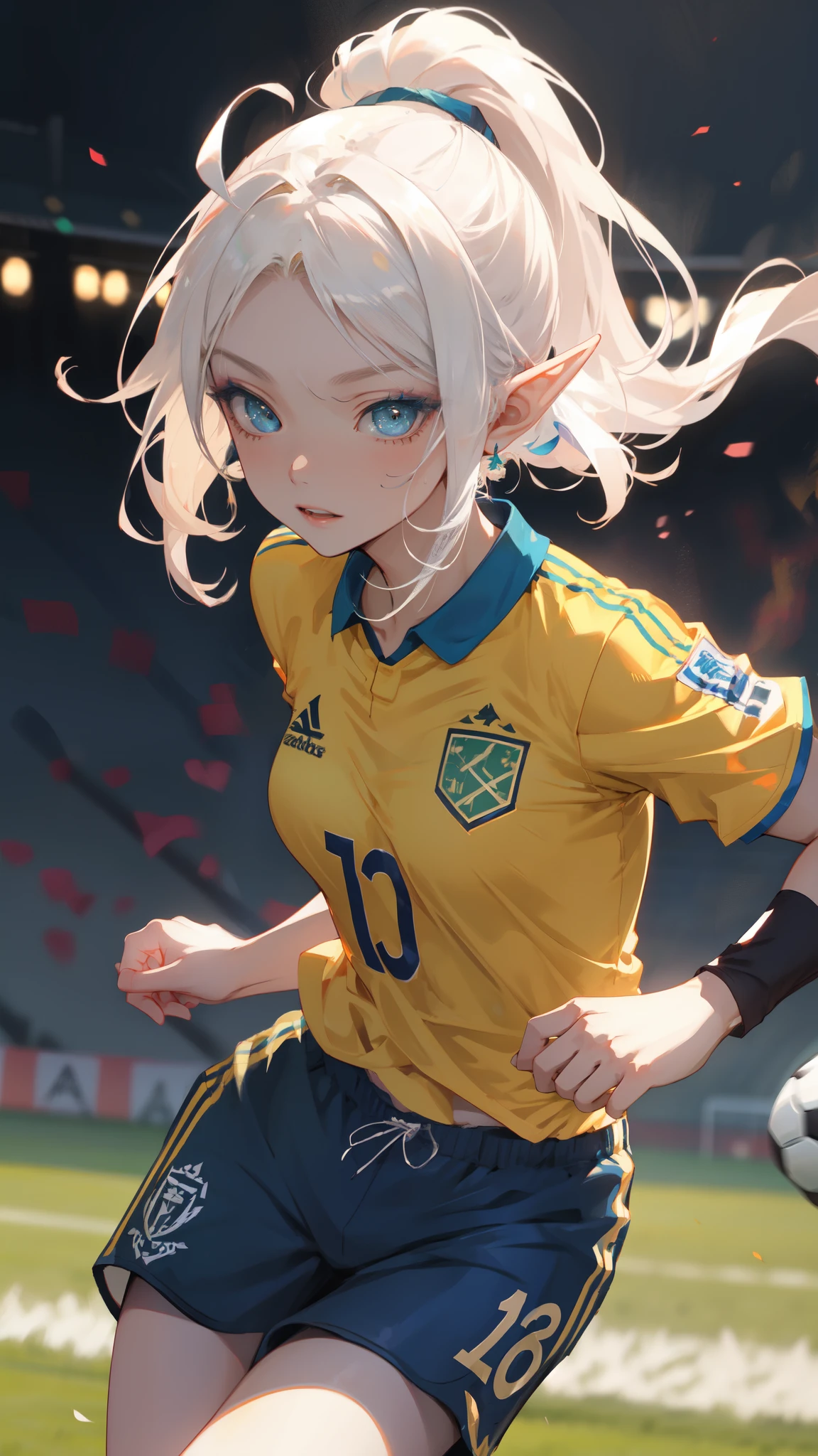 ((masterpiece)), (top quality), (best quality), ((ultra-detailed, 8k quality)), Aesthetics, Cinematic lighting, spotlight, (detailed line art), absurdres, (best composition), (high-resolution), (depth of field:1.2), 
BREAK,
portrait of beautiful soccer captain ((elf girl)), detailed skin and lips, sweat, full body, ((soccer uniforms, Short pants:1.2)), logo print blue soccer uniform, use a ((captain's armband)) in right Hand, ((bouncing chest:1.3)), playing soccer, ((Dribble soccer)), (soccer ball), running, atmospheric perspective, cinematic dramatic atmosphere, 
BREAK, 
soccer field, ((green fields)), audience, spectators, 
BREAK,
highly detailed of (elf), (1girl), solo, perfect face, details eye, ahoge, ponytail, white shining hair, (forehead), medium hair, [[floating hair]], blue eyes, shining eyes, (beautiful detailed eyelashes, eyeshadow, pink eyeshadow), smile, Concept art by Mikimoto Haruhiko, by Kawacy, By Yoshitaka Amano,
BREAK, 
((perfect anatomy)), perfect body, Abs, (medium breast), perfect hands, perfect face, beautiful face, beautiful eyes, perfect eyes, (perfect fingers, deatailed fingers), correct anatomy, perfect legs, skinny, narrow waist, perfect ball, Detailed ball,