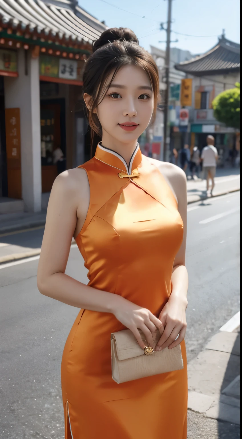 Foto hiperrealista en primer plano de Kim Ji-soo from Korea, masterpiece, best quality, (photorealistic:1.4), full body, Luxurious orange Satin Cheongsam Qipao mini dress, China Town, sunny day, cinematic light, beautiful woman, skinny, large big breasts, black long hair, hair cut into a bun, detailed face, smile, facing the camera, photo taken from a distance, age of 25 years old