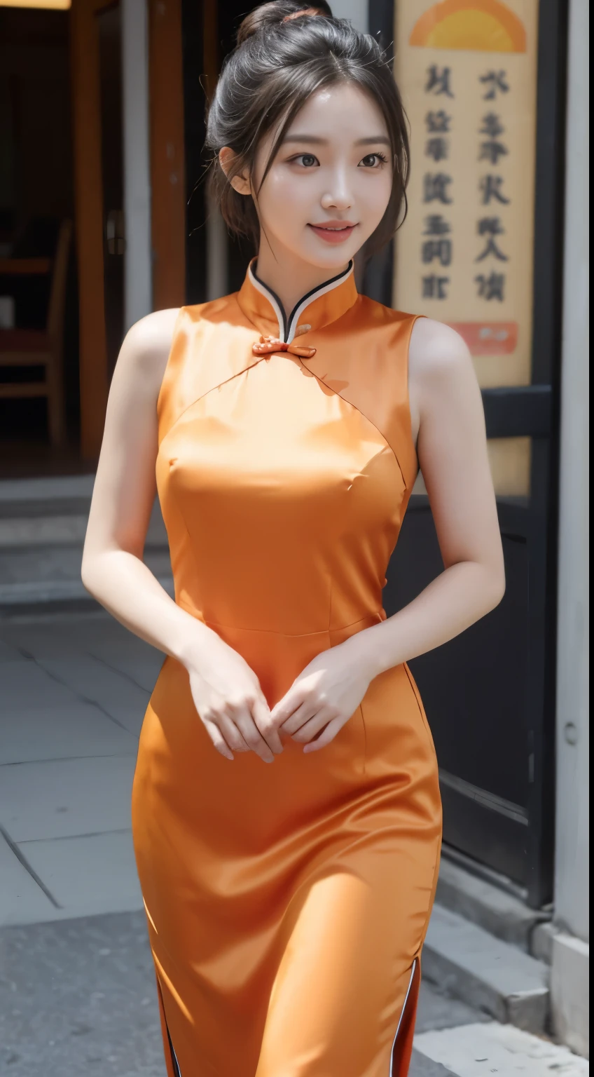 Foto hiperrealista en primer plano de Kim Ji-soo from Korea, masterpiece, best quality, (photorealistic:1.4), full body, Luxurious orange Satin Cheongsam Qipao mini dress, China Town, sunny day, cinematic light, beautiful woman, skinny, large big breasts, black long hair, hair cut into a bun,  detailed face, smile, facing the camera, photo taken from a distance, age of 25 years old
