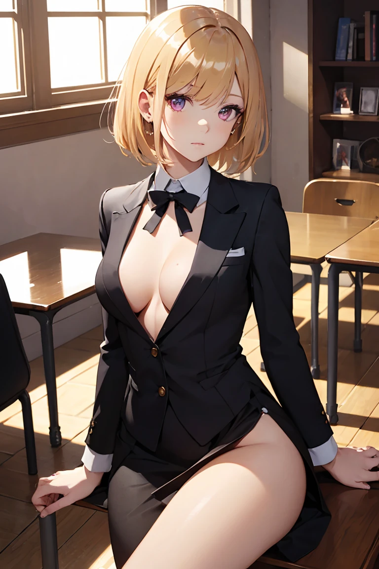 masterpiece, absurdres, best quality, ultra detailed, high Resolution, detailed illustration, extremely beautiful detailed face and eyes, Delicate beautiful face, bright colour, 1girl, cute face, magenta eyes, sparkling eyes, medium breasts, (perky breasts:1.1), (pointy breasts:1.1), medium hips, glamorous body, white skin, confused, BREAK, long bob cut, (blonde hair:0.8), messy hair, detailed hair, shiny hair, BREAK suit, tiny ribbon, meetingroom, sitting, chair, real world, natural lights, perfect lighting,