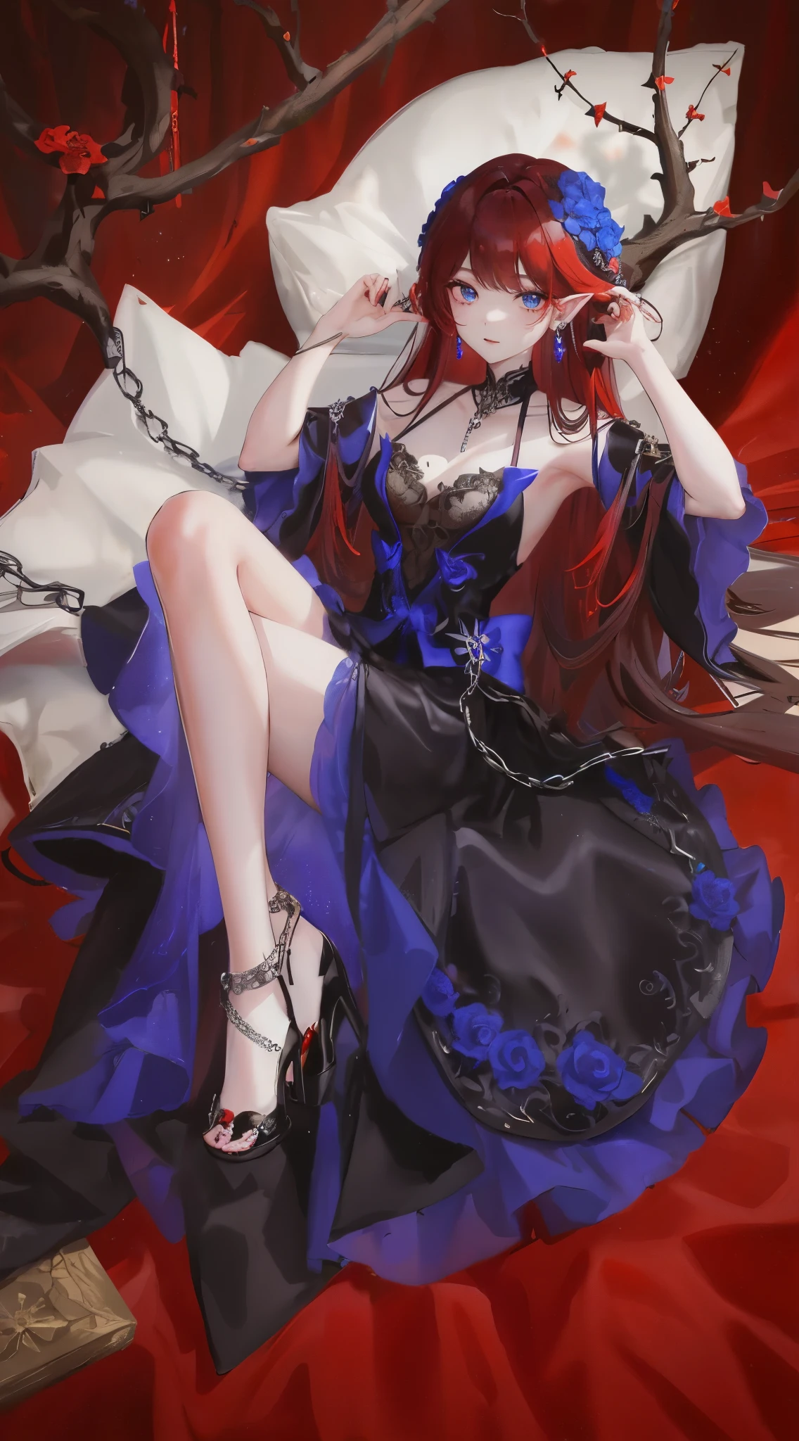black红色短发,close up,dream world,Elf royal sister,Long dark red hair,Nice blue eyes,Prom Hall,grace,earrings,(荆棘earrings,Thorn Head Chain),necklace,humanoid, Prom background,Baroque, her skin is white, fair complexion,(red evening dress,black色的火焰与荆棘,Thorn Dress),black色玫瑰,black,black,High heel,