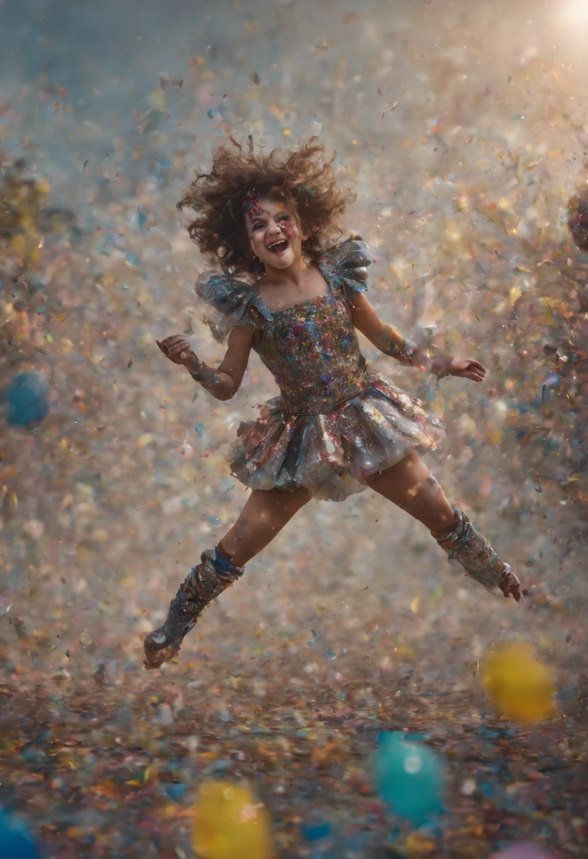 llumination metallic gratescape fantasy land adorable darling dancing harlequin throwing confetti in a confetti filled parade with mesmerizing hazel eyes, showered in confetti branded welding, ultradetailed, fine-tuned realism, eccentric glass, astrophotography, IMAX