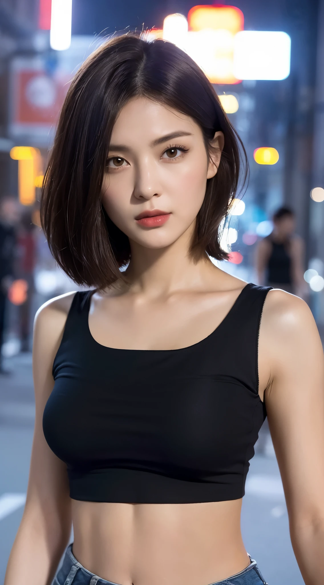 (Realistic lighting, Best quality, 8K, Masterpiece:1.3)), Clear focus: 1.2, 1girl, Perfect Beauty: 1.4, Slim Abs: 1.1, ((dark brown hair)), (Black crop top: 1.4), (Outdoor, Night: 1.1), Chinese city streets, Super fine face, fine eyes, double eyelids, denim shorts, big breasts,
