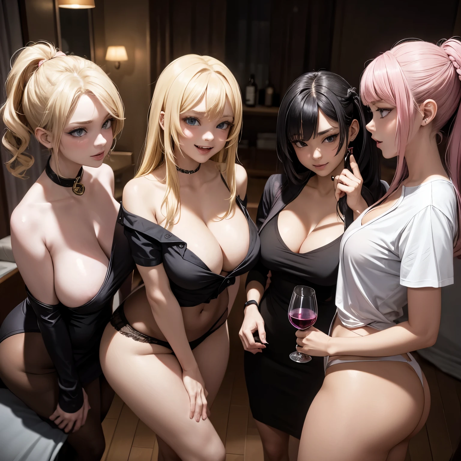 3 beauty students, 18yo, drunken, multiple hairstyles, 1 blonde, 1 pink hair, 1 black hair, cleavage, ??????????, big ???, holding wine cup, at bedroom