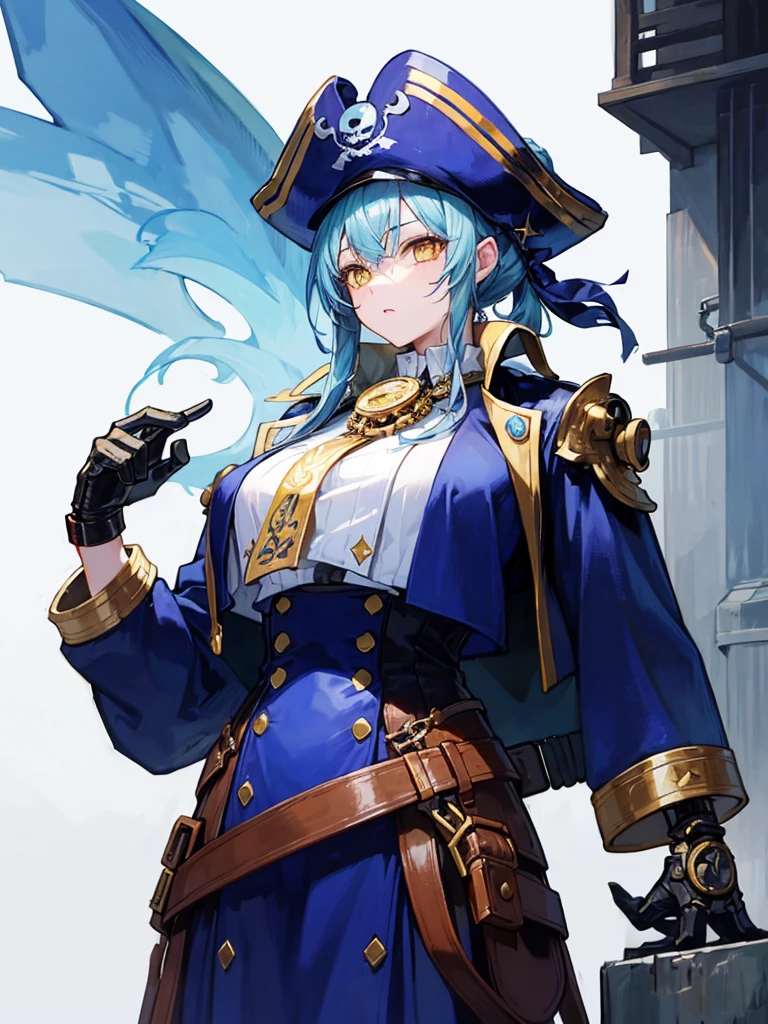 (((masterpiece、Highest image quality、highest quality、highly detailed unity 8kwallpaper)))、((Illustration of one girl、upper body))、(((beautiful girl)))、(female pirate)、(Light light blue hair、short ponytail:1.2、yellow eyes)、(((Right hand is a prosthetic hand、steampunk prosthetic arm)))、((tall))、bulky figure, massive frame, thick neck, sturdy arms, powerful legs、(captain's suit、Pirate hat、Blue coat)