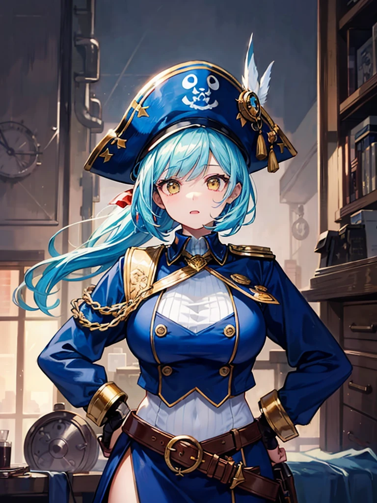 (((masterpiece、Highest image quality、highest quality、highly detailed unity 8kwallpaper)))、((Illustration of one girl、upper body))、(((beautiful girl)))、(female pirate)、(Light light blue hair、short ponytail:1.2、yellow eyes)、(((Right hand is a prosthetic hand、steampunk prosthetic arm)))、((tall))、bulky figure, massive frame, thick neck, sturdy arms, powerful legs、(captain's suit、Pirate hat、Blue coat)