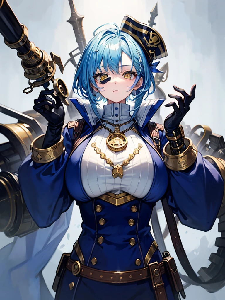 （（（masterpiece、Highest image quality、highest quality、highly detailed unity 8ｋwallpaper）））、（（Illustration of one girl、upper body））、（（（beautiful girl）））、（fantasy、female pirate）、（Light light blue hair、short ponytail：1.2、yellow eyes）、（((Right hand is a prosthetic hand、steampunk prosthetic arm)))、（（tall））、large breasts、（captain&#39;s suit、Pirate hat、)((Blue coat))