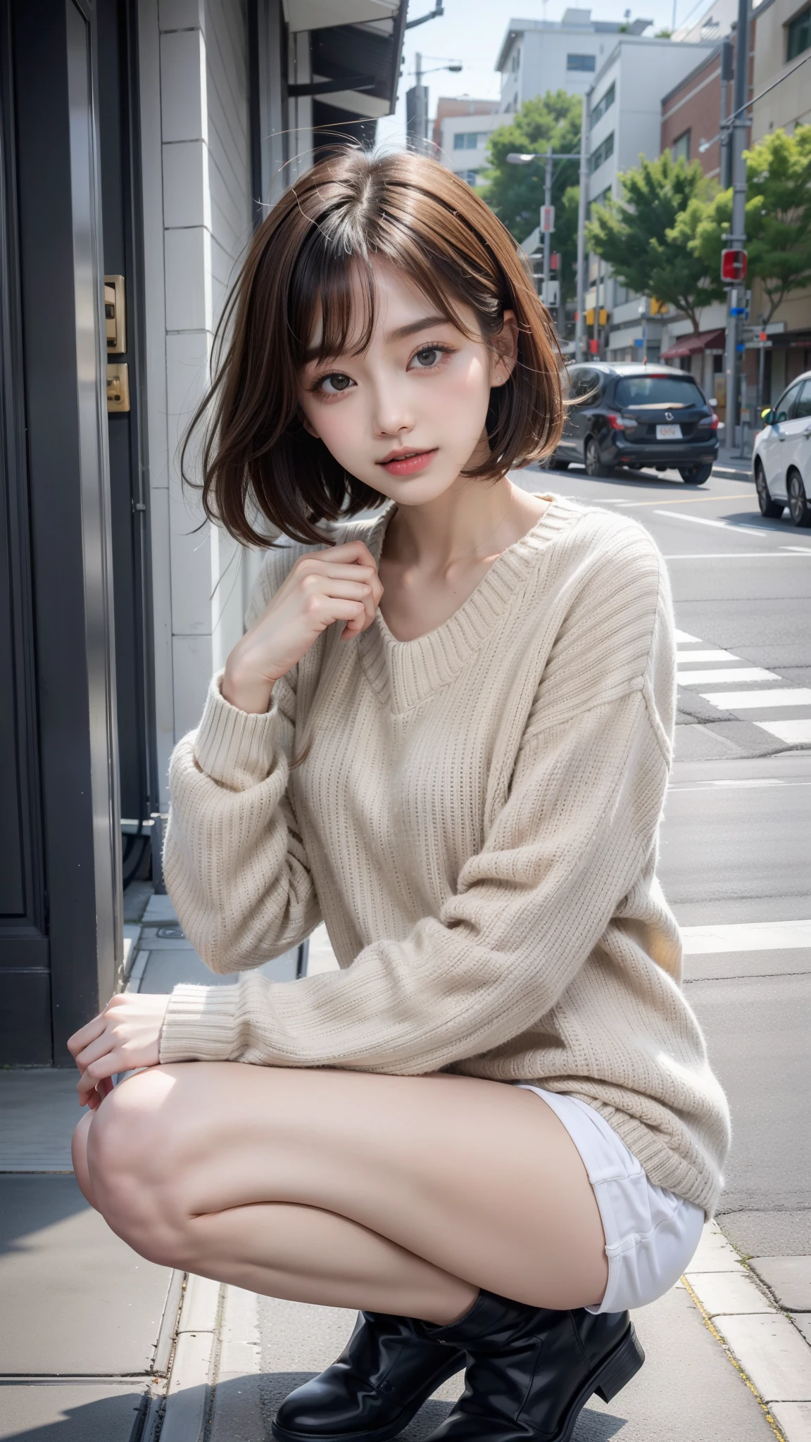 Photo taken by a professional photographer,Close-up of a woman squatting on the sidewalk with her legs crossed, kiko mizuhara, wearing a sweater, Shirahime cut brown hair, wearing a sweater, young and cute girl, japanese model, 白いwearing a sweater, Chiho, カジュアルなwearing a sweater, Beige miniskirt,white panties,Side waves with short hair, a cute young woman, cute young woman,