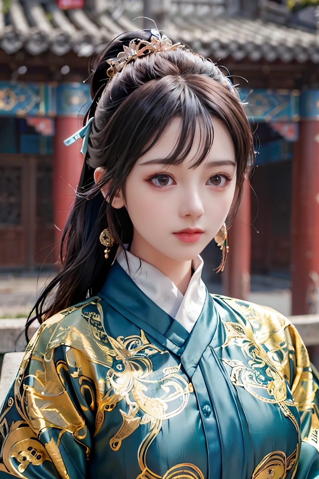 feiyu_clothes, blue fabric, gold embroidery, black bracer with golden embroidery, high hair bun, depth of field, night cityscape, (5girls:1.6), ulzzang-6500v1.1, (original: 1.2), (realistic: 1.3) , beautiful girl with beautiful details, extremely detailed eyes and face, eyes with beautiful details, absurd, incredibly absurd, huge file size, ultra detail, high resolution, ultra detailed, best quality, masterpiece, illustration, ultra detailed and beautiful, ultra detailed, CG, unity, 8k wallpaper, amazing, fine Detail, masterpiece, top quality, official art, extremely detailed CG unity 8k wallpaper, cinematic lighting, (perfect shiny skin:0.6), slim and smooth lines, (floating), (large breasts:1), earrings , masterpiece, best quality,