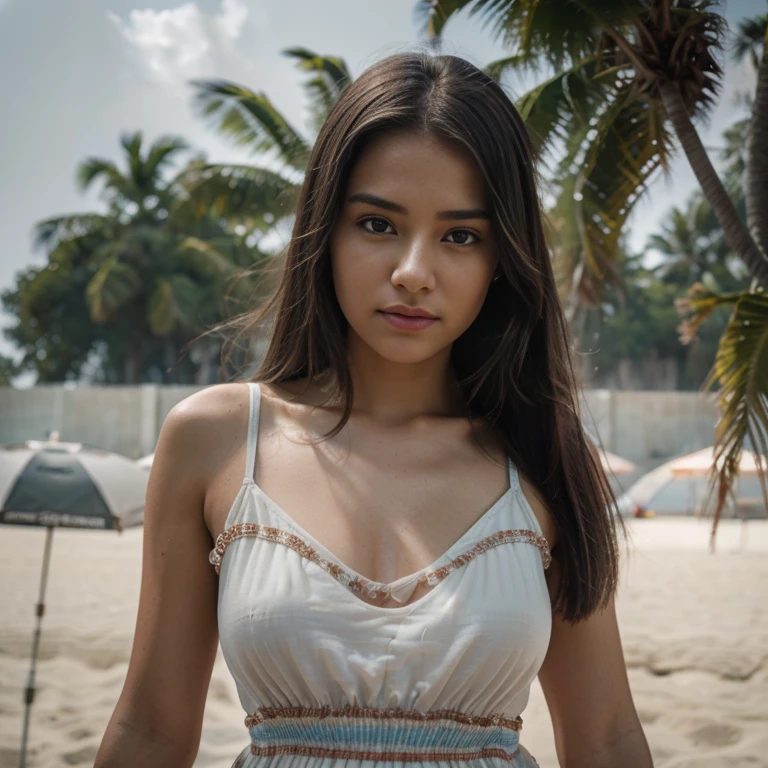 Best quality, masterpiece, ultra high res, (photorealistic:1.4), 1girl, wear summer dress, (at beach), , looking at viewer, (((straight from front))), film grain, Fujifilm XT3, ((medium shot:1.5)), (professional lighting:1.6)