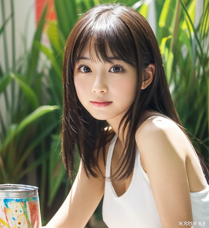 Close up portrait of woman in white top and shorts, A painting by Kiyomoto Torii, tumbler, shin hanga, Young and cute gravure idol, realistic young gravure idol, young gravure idol, Young sensual gravure idol, Young skinny gravure idol, Yoshitomo Nara, motto hole