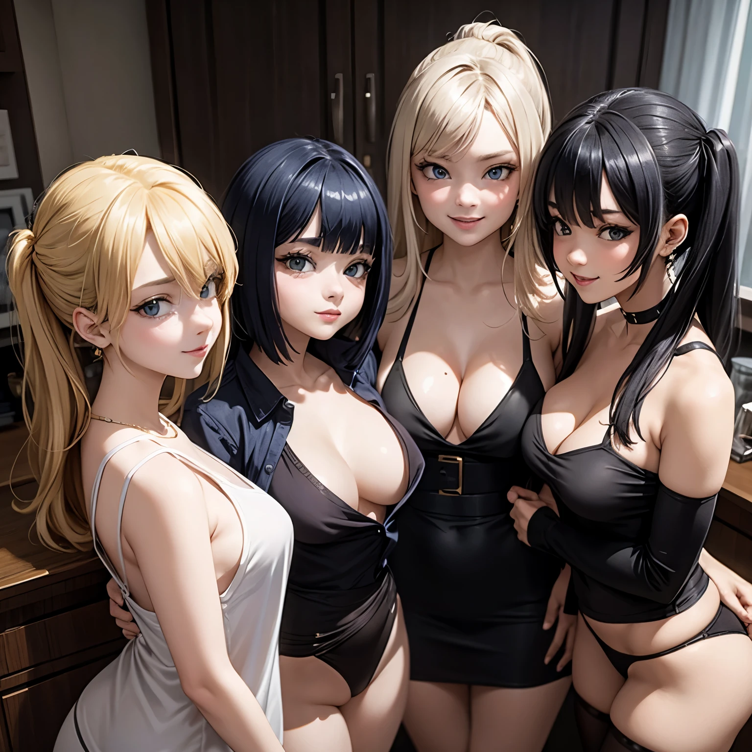 3 beauty students, 18yo, drunken, multiple hairstyles, 1 blonde, 1 pink hair, 1 black hair, cleavage, open shirt, big ass, seducing, at bedroom