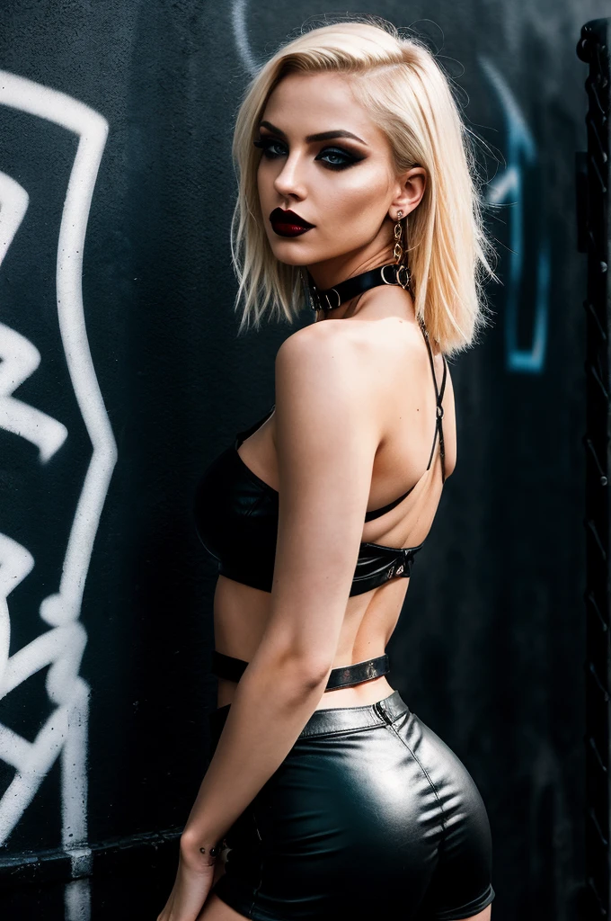 (realistic,photography:1.2),slim sexy punk woman, techno aesthetic, techno fashion, festival outfit, tight Crop Top, tight hotpants, blonde bold and edgy hair, black make up, close-up, full body shot