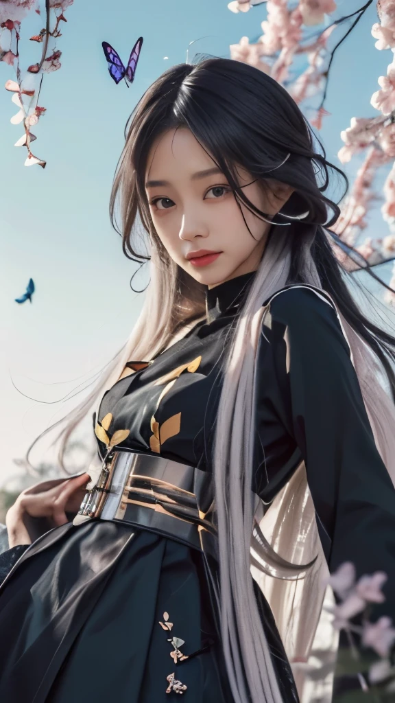 a woman with long purple hair and a black top is standing in front of a tree, ilya kuvshinov with long hair, anime visual of a cute girl, anime moe artstyle, demon slayer rui fanart, high quality anime artstyle, anime style 4 k, anime artstyle, young anime girl, shuushuu anime image, ayaka genshin impact,black long straight hair,butterfly hair section,long black hair,butterfly hair ornaments,long black hair,long black hair,butterfly hair ornaments,black long straight hair,black long straight hair,Butterfly bow hair decoration
