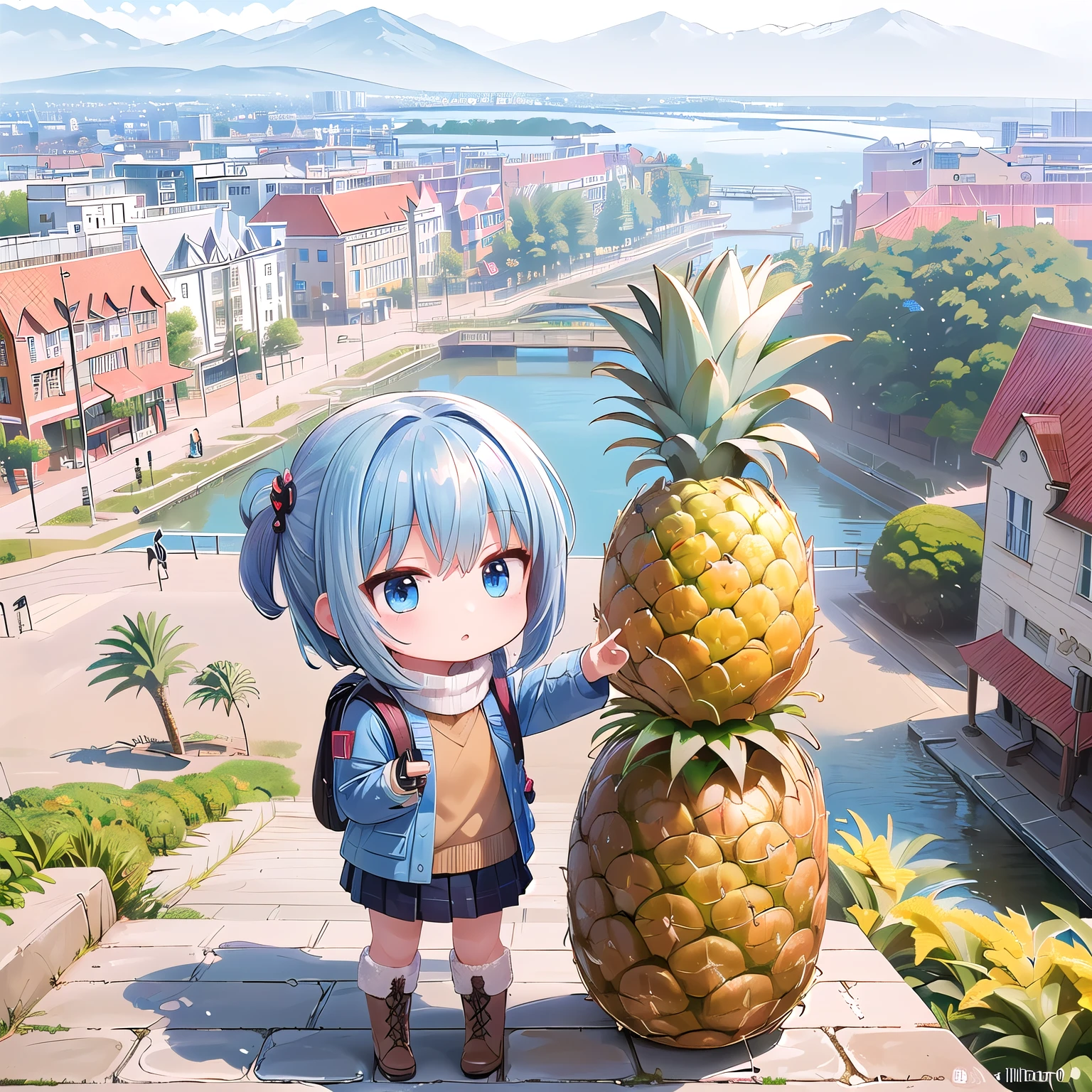 (Chibi, snap shot,Pineapple , Nendoroid ,stand,one girl: 1.5), (Masterpiece, almond-shaped eyes, glossy white-blue hair, short chignon hair, top quality, carefully drawn fingers, beautiful anatomy, full body : 1.4), (Tasteful Colored pencil hand-drawn picture: 1.5), (Red cheeks, indifference, no expression, hair blowing in the wind: 1.2), (Slim and warm clothes, fluffy sweater,globe, chic down coat, muffler,backpack,check skirt,warm boots: 1.2), (fantastic view: 1.3), (brick building,pineapple building,big city:1.4),(theme park ,submarine city,skeleton small earth object ,morning:1.3)