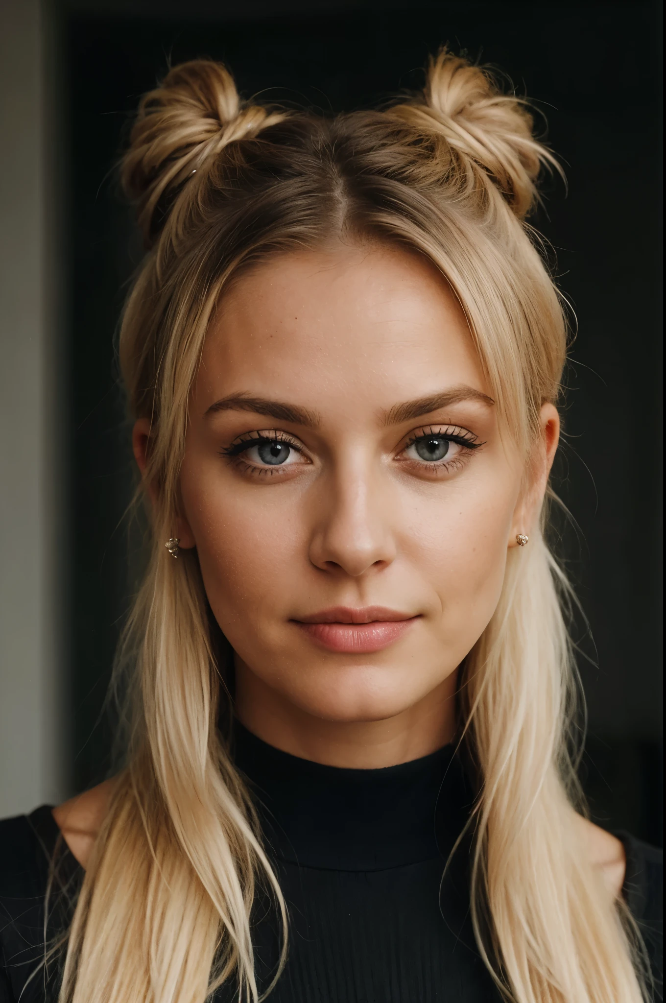 ein Blickkontakt einer Blondine mit Dutt-Haaren und dunklem Thema
