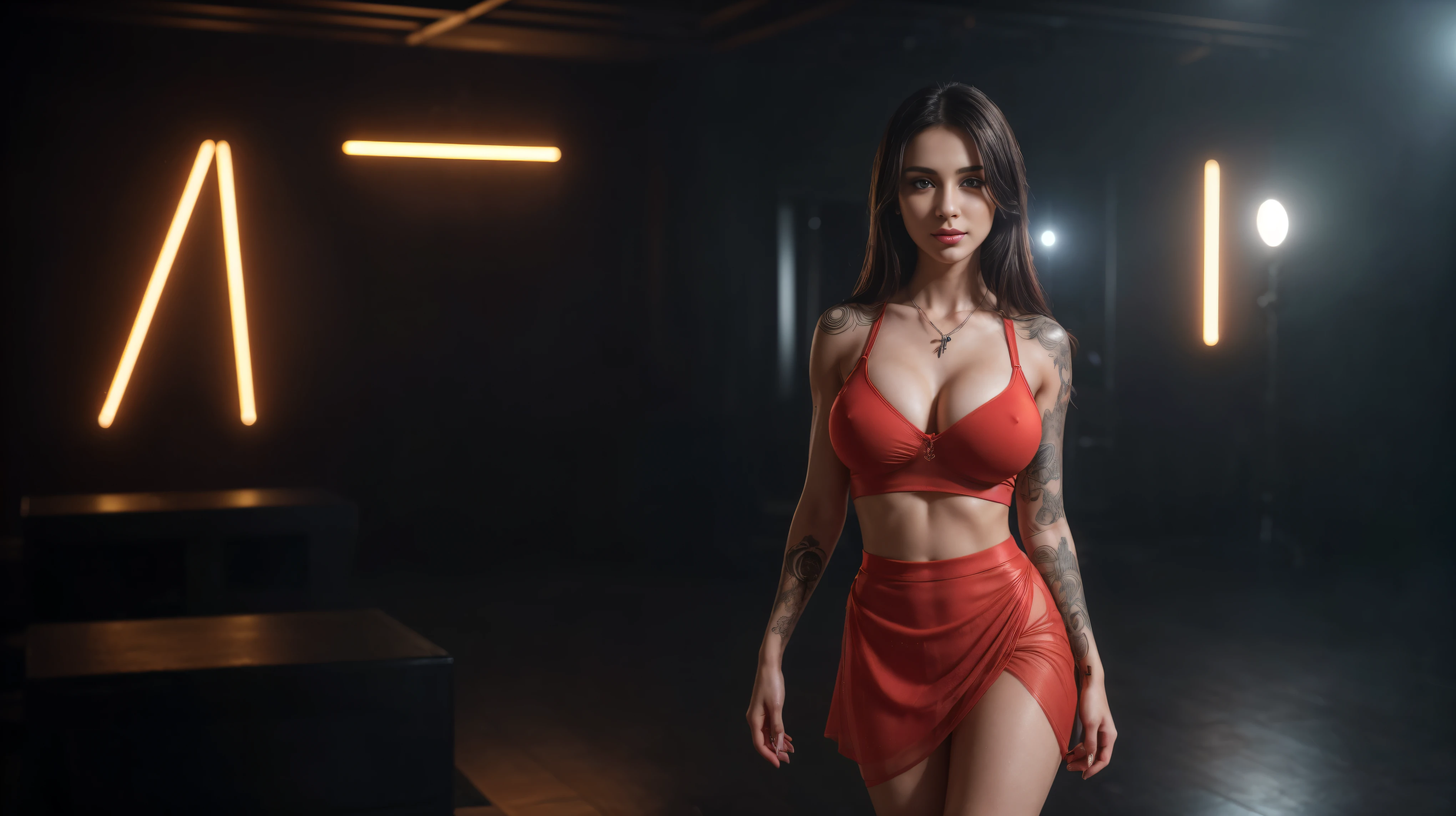8k, masterpiece, RAW photo, best quality, photorealistic, extremely detailed CG unity 8k wallpaper, Depth of field, Cinematic Light, Lens Flare, Ray tracing, (extremely beautiful face, beautiful lips, beautiful eyes), intricate detail face, ((ultra detailed skin)), ((1girl:1.6)), ((alone:1.7)), ((seductively standing pose)), in the evening inside a dance-music venue, deep shadow, [[Raiana-Elizabeth-Dilla]], pretty girl, (very slim slender fit-muscled body:1.3), ((beautiful legs:1.4)), ((looking at viewer)),(big smile:1), (sexy ((see-through)) ((ultra-short ((red:1.2)) rave-style uniform skirt))), ((fanfare scenery,sunset vibes,musiclife)), (neon lights,dance music), (blurred background:1.4), ((without people in the background:1.9)), beautiful earrings, bracelets, necklace, red pendant, clear eyes, ((tattoos)), (pale skin), (face forward), ((whole-body-view)), ((full-body:1.8, cinematic shot)), soft lighting, (long black hairs), (looking at viewer:1.8), (vaginal cleavage), cleavage breasts, (large breasts:1.6), touching the breast, highly detailed, ultra realistic, extremely detailed and realistic ((red:1.2)) clothes.
